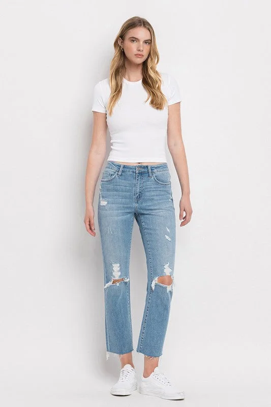 High Rise Distressed Cropped Straight Jeans Casual Straight-Leg Jeans