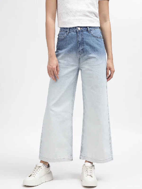 Iconic Women Blue Printed Flared Jeans Cozy Relaxed Fit Denim Jeans