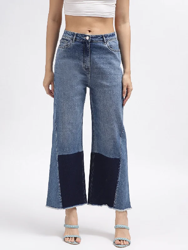 Iconic Women Blue Colour Blocked Flared Jeans Stylish Relaxed Fit Skinny Jeans
