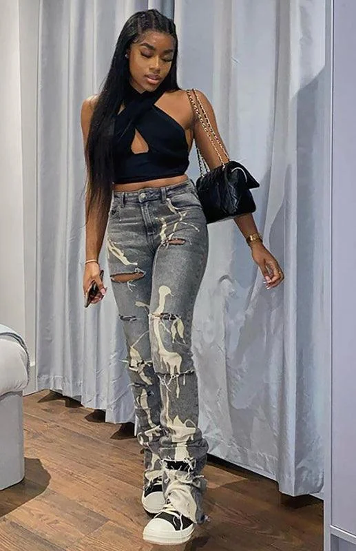 Ladies High Waist Pants - White Washed Jeans Elegant Skinny Leg Jeans