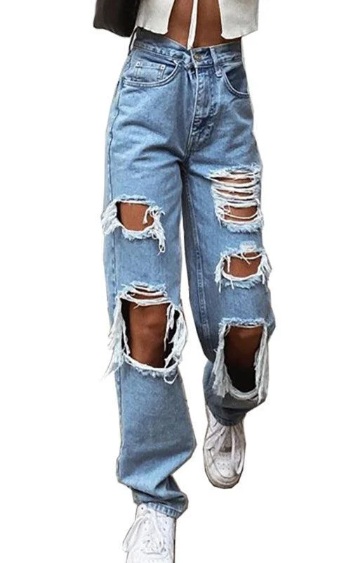 Ladies Ripped Denim Jeans Comfortable Boyfriend Jeans