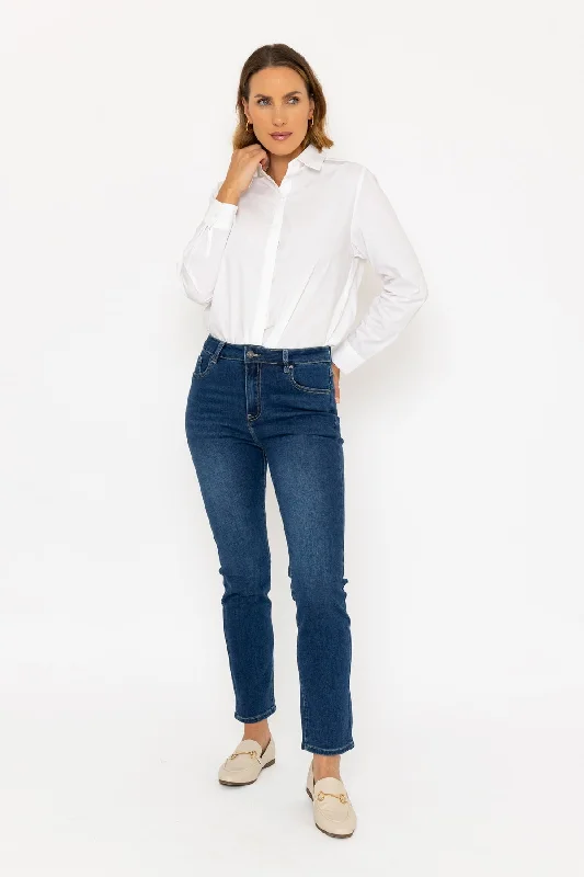 Lana Straight Leg Jeans in Medium Blue Comfortable Drawstring Waist Jeans