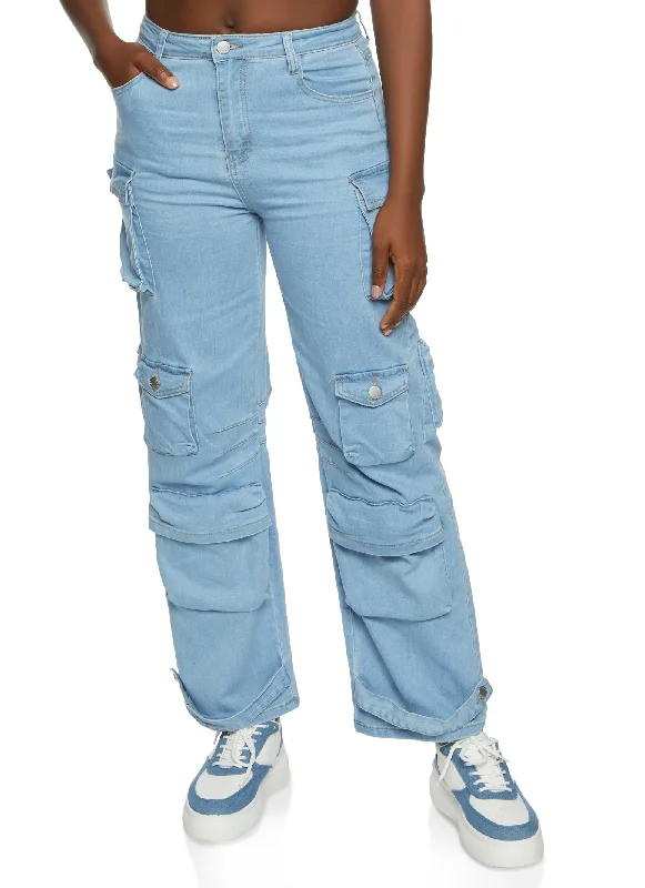 Straight Leg Cargo Jeans Stylish Paperbag Waist Denim