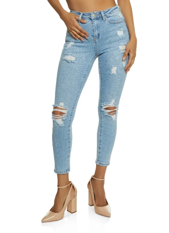 WAX Distressed High Waist Skinny Jeans Fashionable Vintage Wash Jeans