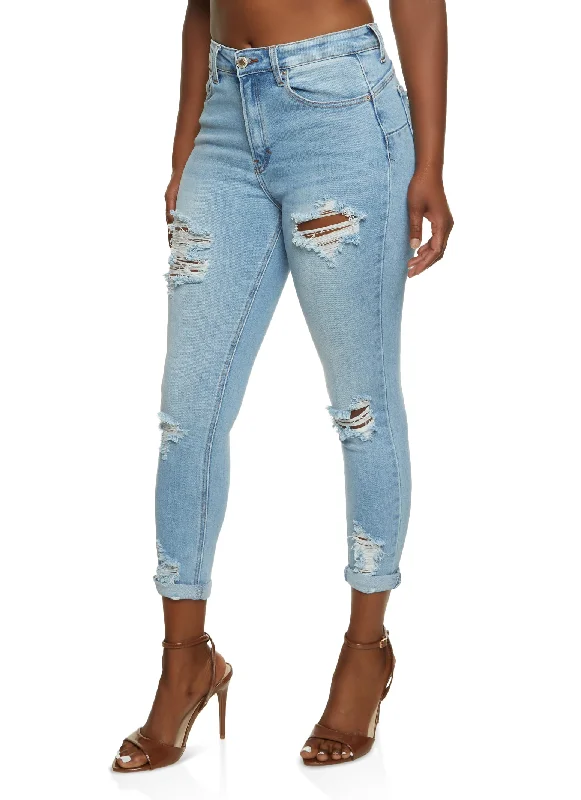 WAX Ripped Rolled Cuff Skinny Jeans Stylish Tapered Fit Jeans