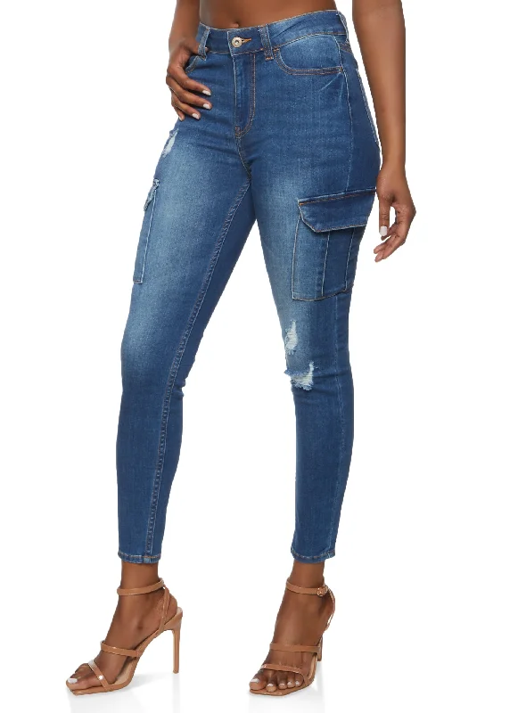 WAX Cargo Pocket Skinny Jeans Trendy Wide-Leg High-Waist Denim