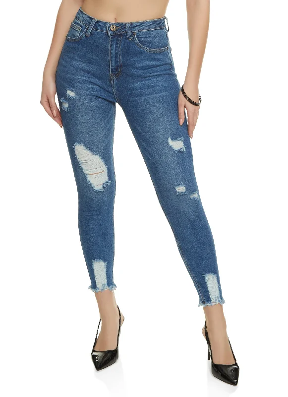 WAX Distressed Frayed Hem Skinny Jeans Comfortable Folded Hem Jeans