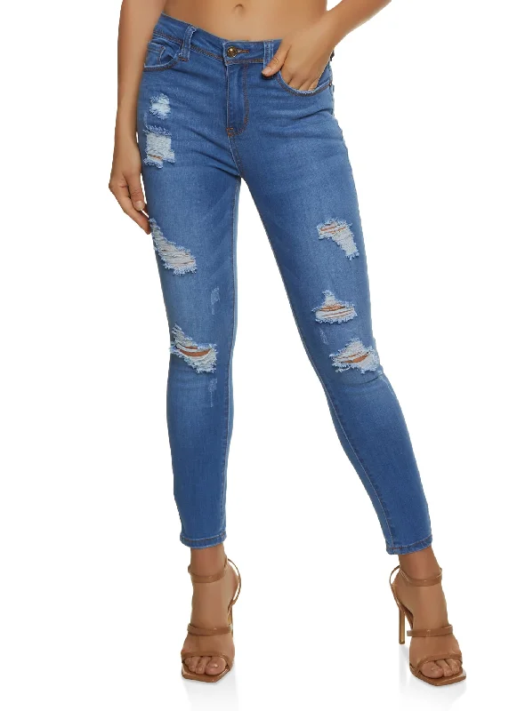WAX Mid Rise Distressed Jeans Chic Rip-Detail High-Waist Jeans