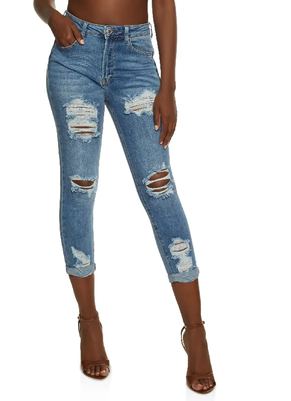 WAX Ripped Rolled Cuff Skinny Jeans Comfortable Straight-Legged Denim