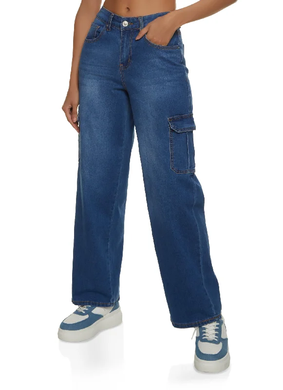 WAX Straight Leg Cargo Jeans Stylish Stone-Wash Denim Jeans