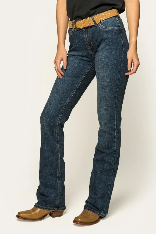 Megan Womens Low-Rise Bootleg Jeans - Classic Blue Fashionable Raw Hem Bootcut Jeans
