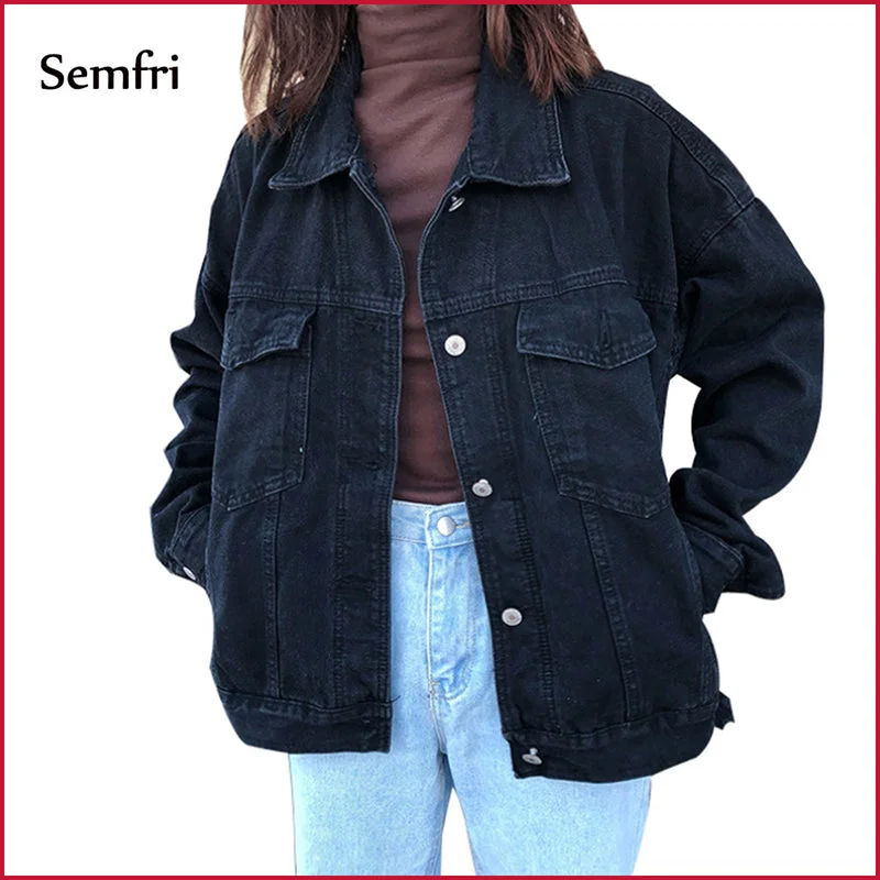 Semfri Jacket Women Black Denim Jacket Winter Jeans Coat Casual Harajuku Streetwear Female Vintage Jeans Coat Dropshipping Trendy Wide-Leg High-Waist Denim