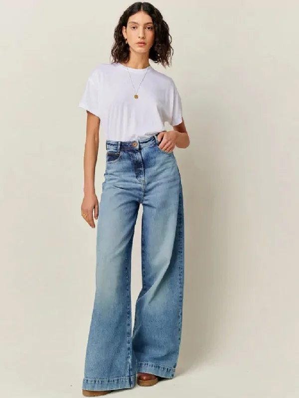 Sessun Captain Denim Jeans in Vintage Blue Trendy Patchwork Denim Jeans