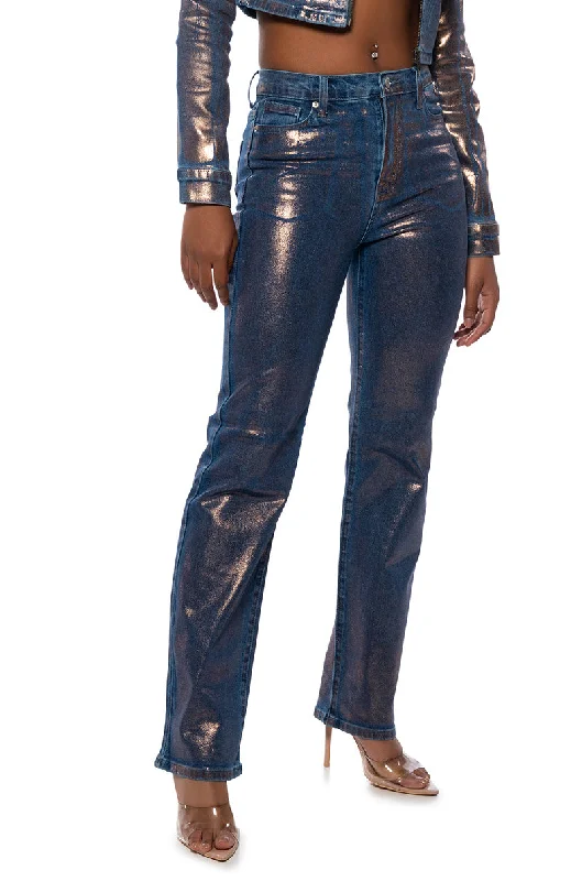 SHOW TIME METALLIC STRAIGHT LEG JEANS Casual Loose Fit Jeans