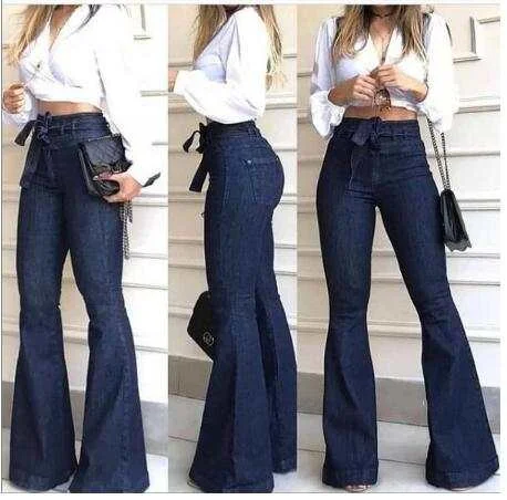 South American Jeans Women High Waisted Micro Elastic Bell-bottom Pants Chic Rolled Cuff Denim Jeans