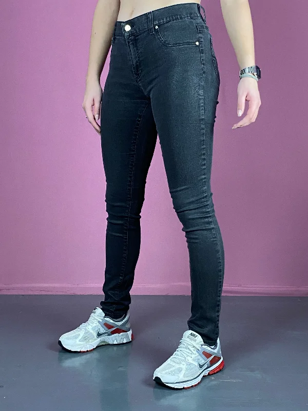 Versace Vintage Women's Skinny Jeans - 26 Black Cotton Blend Trendy Patchwork Denim Jeans