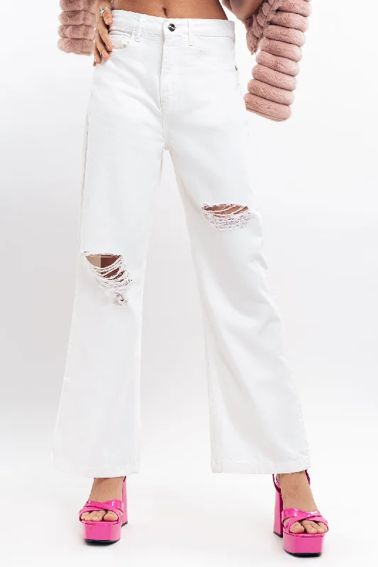 White Distressed Wide Leg Jeans Casual Wide-Legged Denim Jeans