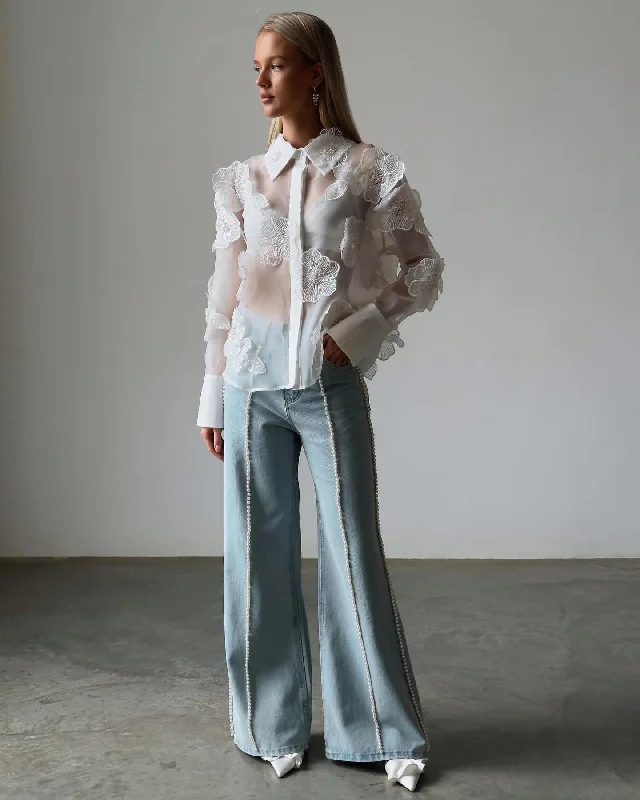 Wide-Leg Jeans with Pearl Details Chic Double Waistband Jeans