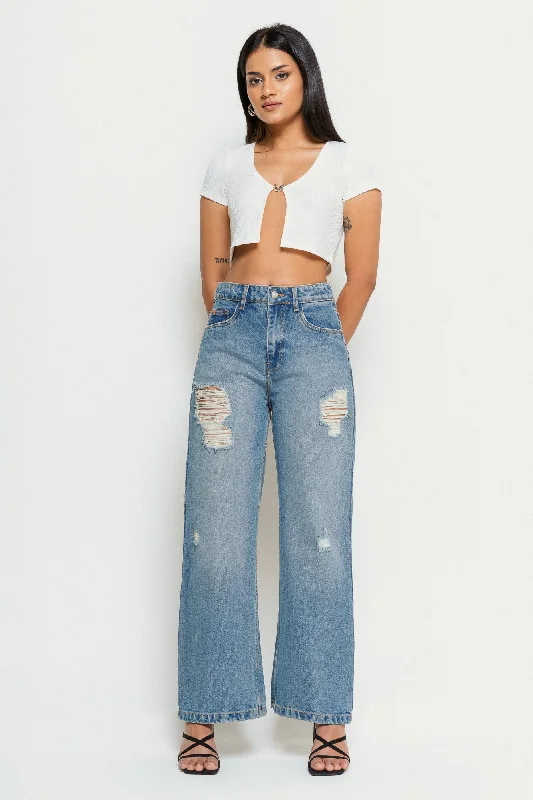 Windy Blue Distressed Wide Jeans Stylish Bootcut Denim Jeans