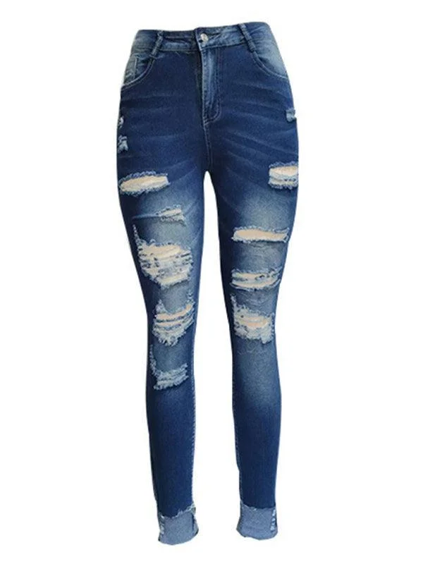 Women Distressed Skinny Jeans - Lined Stylish Stone-Wash Denim Jeans