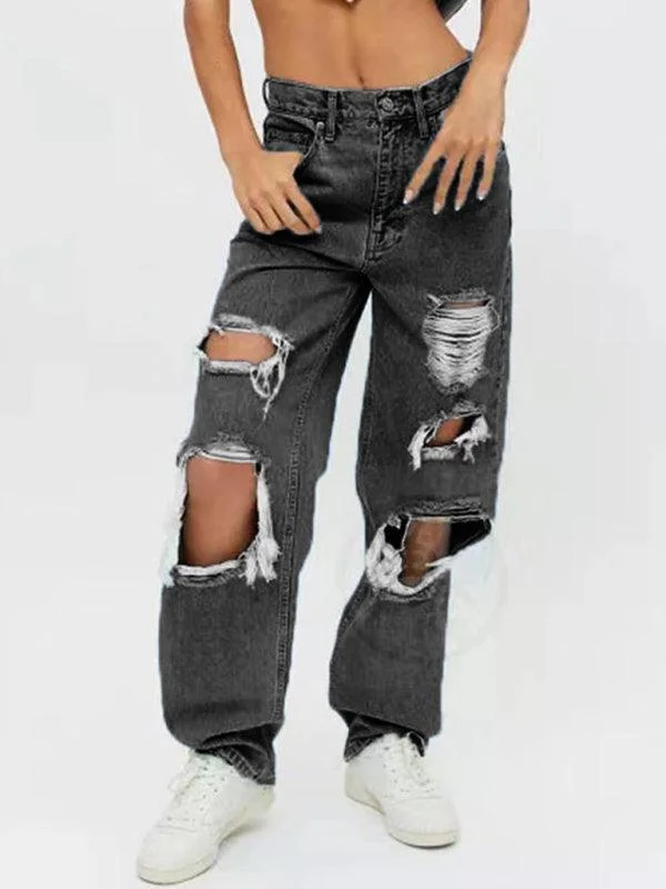 Women Ripped Baggy Jeans Comfortable Full-Length Denim Jeans