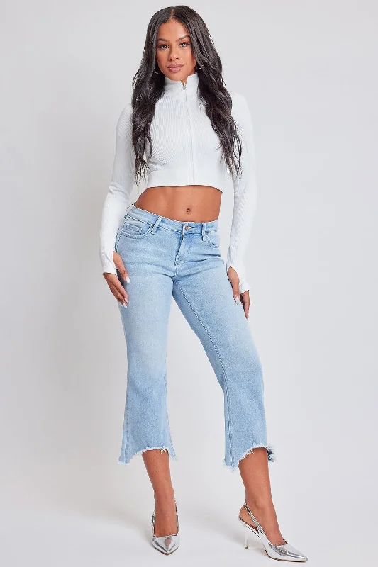 Women's Mid Rise Kick Flare Fray Hem Cropped Jeans Fashionable Relaxed Fit Denim