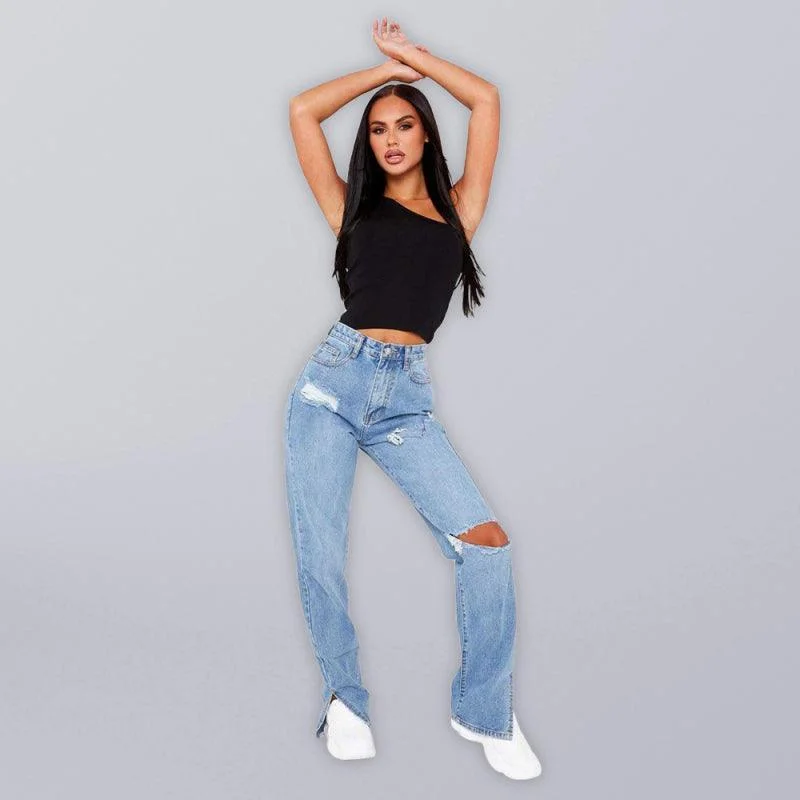 Women Straight Ripped Jeans With Ankle Slits Chic Rolled Cuff Denim Jeans