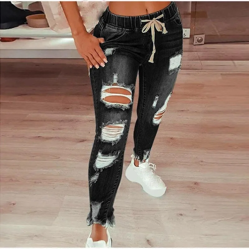 Women's American Style Hollow Out Drawstring Closure Ripped Jeans Fashionable Distressed Jeans Women's American Style Hollow Out Drawstring Closure Ripped Jeans Fashionable Distressed Jeans