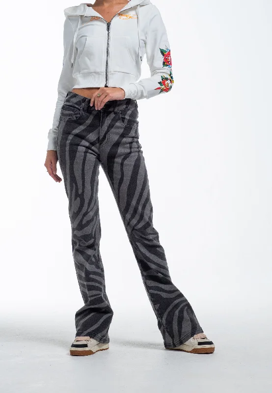 Womens Flaming Tiger Flared Denim Trousers Jeans - Black Elegant Raw Hem Jeans