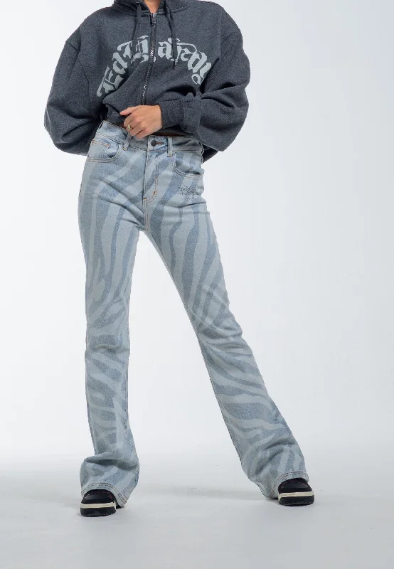 Womens Flaming Tiger Flared Denim Trousers Jeans - Blue Elegant Dark-Wash Bootcut Jeans