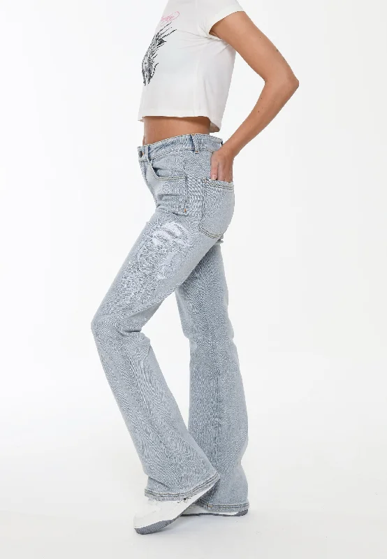 Womens Geisha Mirror Flared Denim Trousers Jeans - Blue Comfortable Zip-Fly Denim Jeans