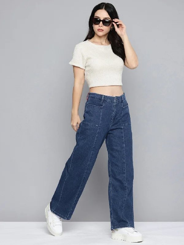 Women's High Rise Blue Wide Leg Jeans Elegant Bootcut Fit Jeans