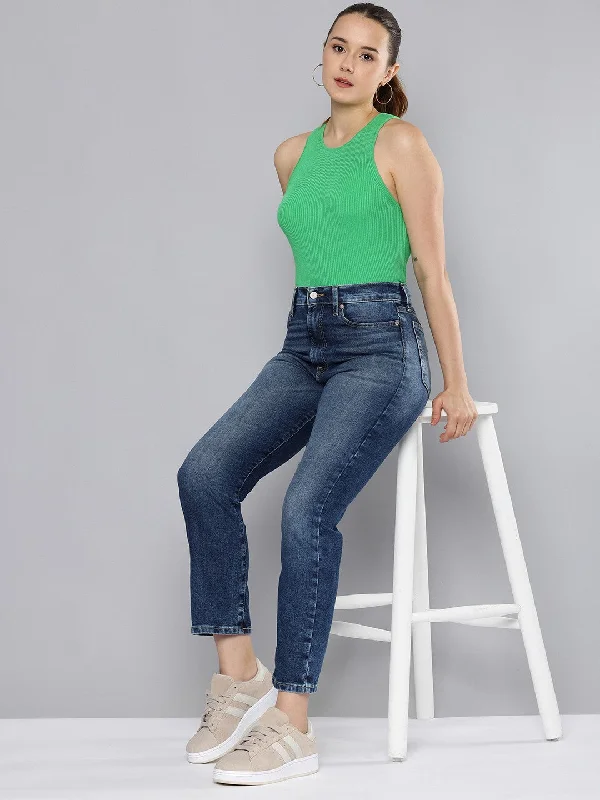Women's High Rise Wedgie Straight Fit Blue Jeans Trendy Pleated Waist Jeans