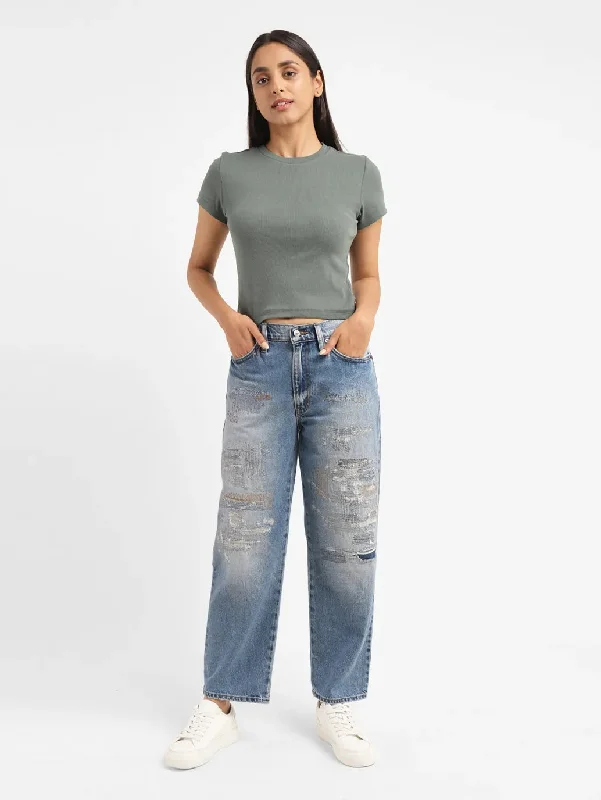 Women's Mid Rise 94 Baggy Fit Jeans Comfortable Zip-Up Skinny Jeans