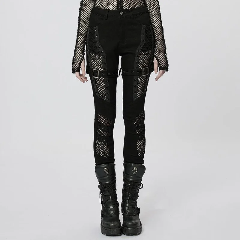 Women's Punk Buckles Mesh Splice Eyelets Jeans Comfortable Jogger Style Jeans