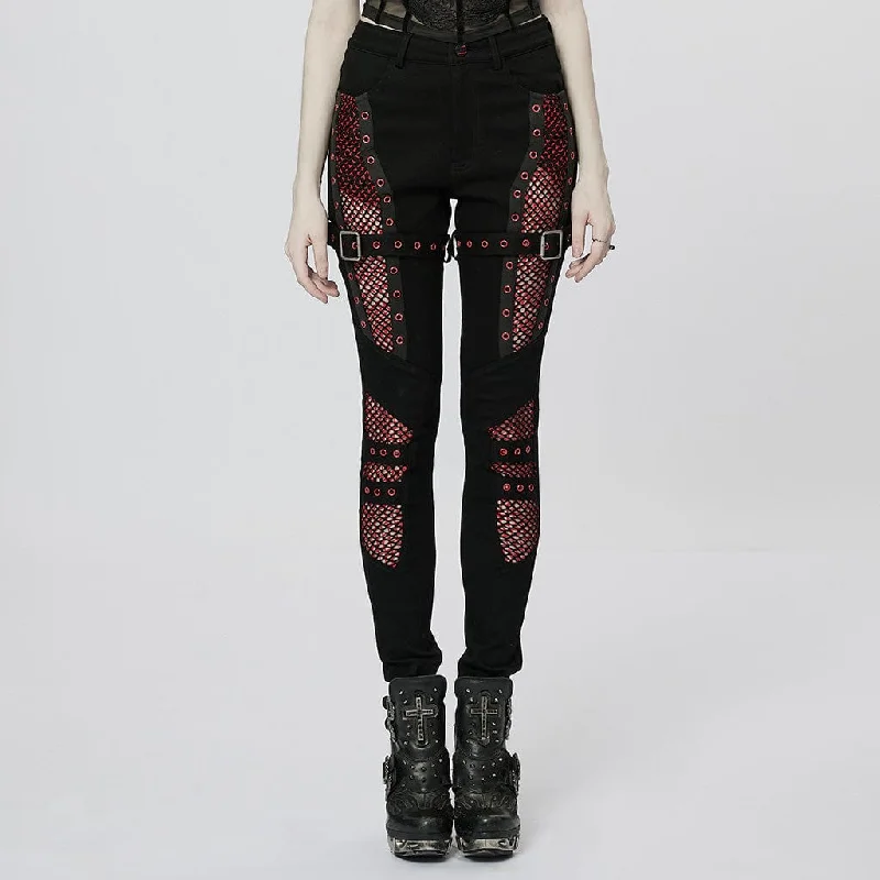 Women's Punk Double Color Mesh Splice Jeans Comfortable Distressed Straight-Leg Jeans