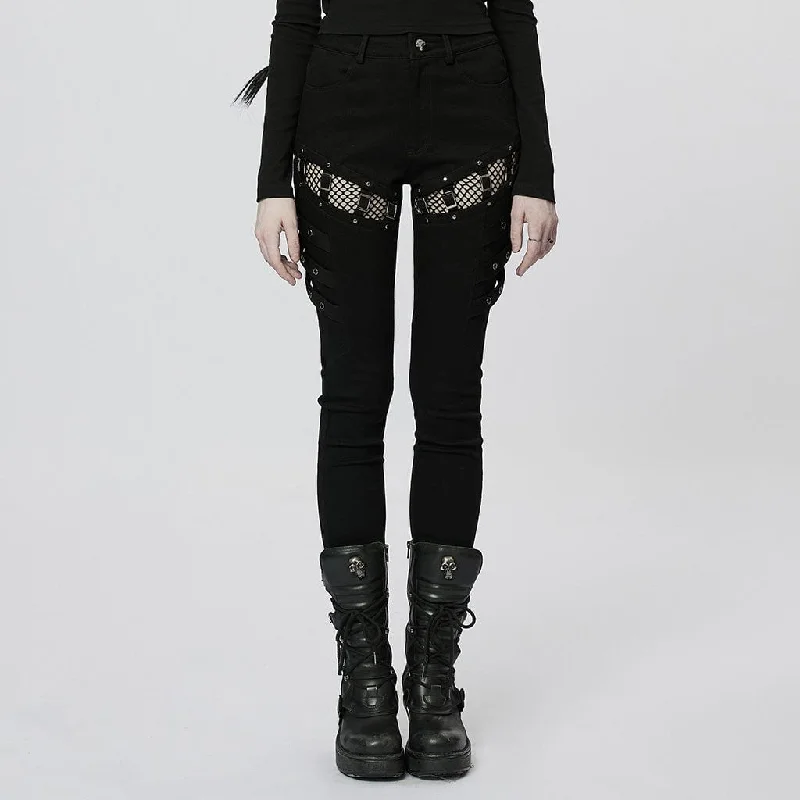 Women's Punk Mesh Splice Buckles Jeans Stylish High-Waisted Denim