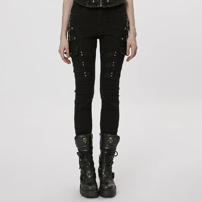 Women's Punk Multi-Pocket Buckle Jeans Comfortable Stretch Denim Jeans