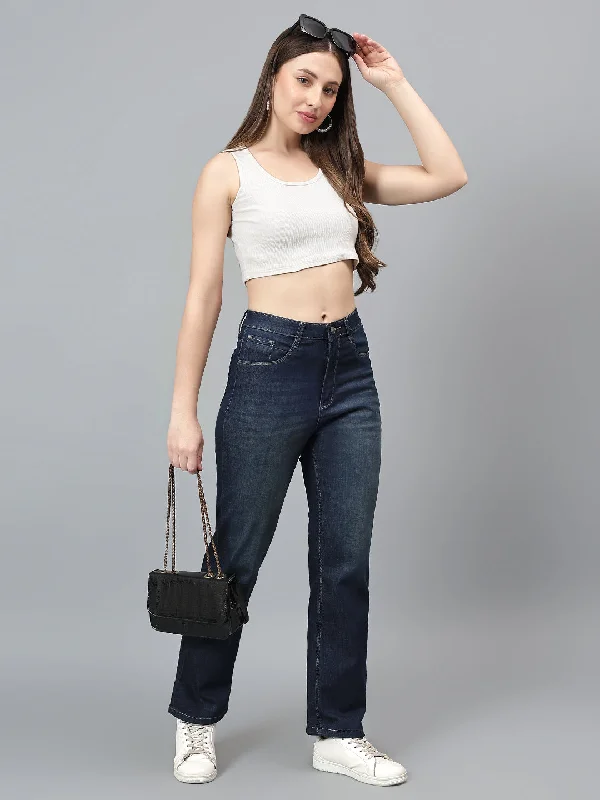 Women's Solid Blue Stretchable Jeans Elegant High-Waisted Flared Jeans