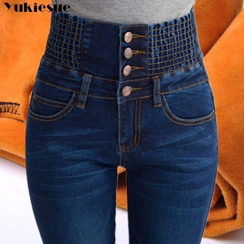 Women's Winter Jeans High Waist Skinny Pants Fleece Lined Elastic Waist Plus Size Chic Rip-Detail High-Waist Jeans