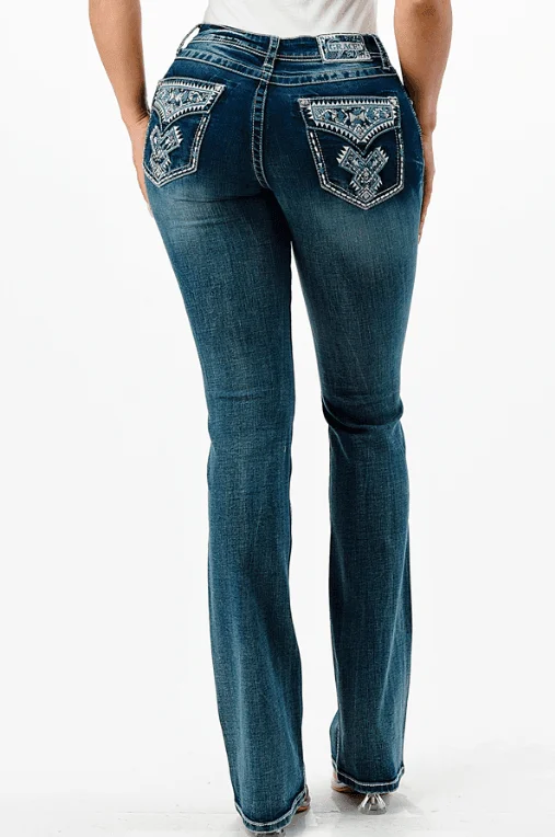 Grace in LA Women's Easy Fit Aztec Faux Flap Bootcut Jeans EB61735