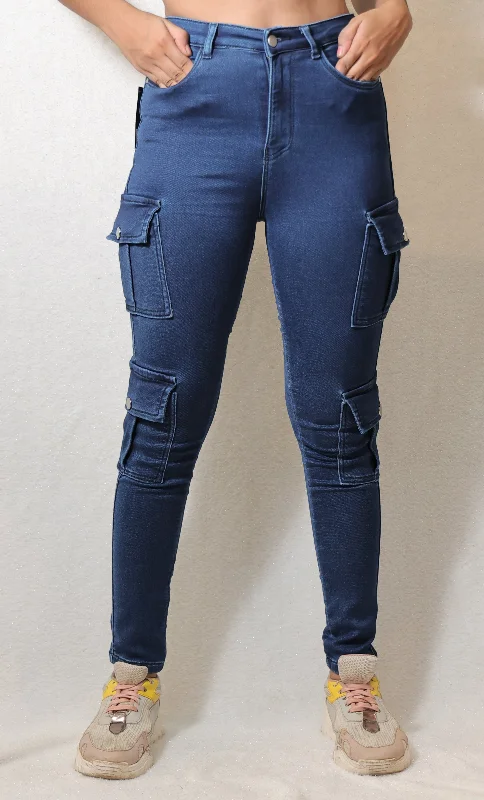 High Rise Dark Skinny Cargo Jeans