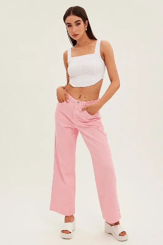 Pink Denim Jeans High Rise Wide Leg