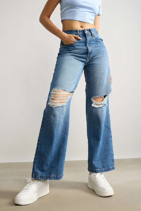 Blue Wide Leg Ripped Jeans